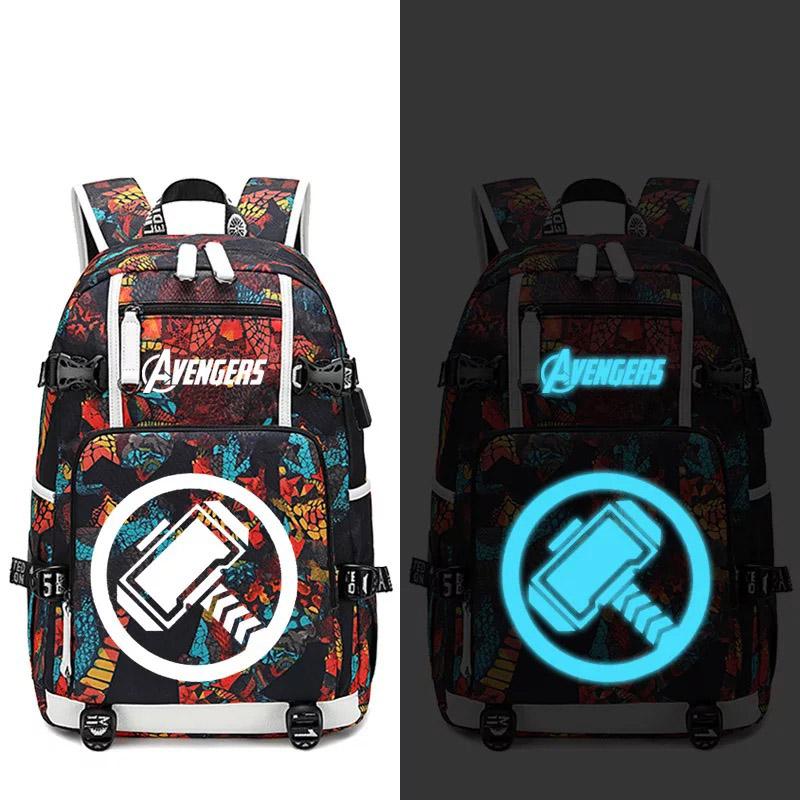 Avengers Spider-Man Thor Hammer USB Charging Backpack School NoteBook Laptop Travel Bags Luminous