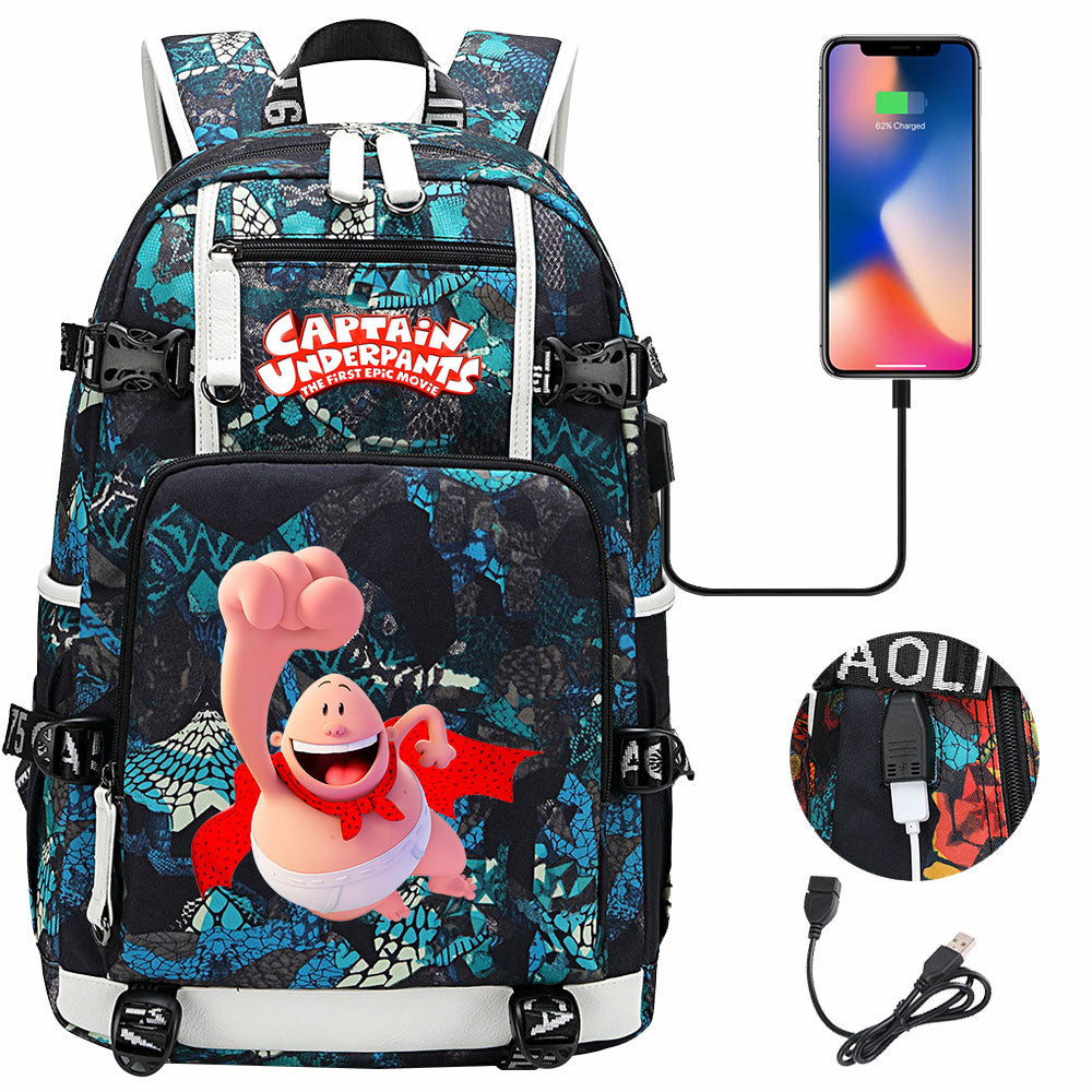 Captain Underpants USB Charging Backpack School NoteBook Laptop Travel Bags
