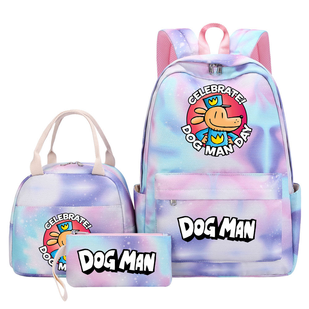 Dog Man Pink Starry Sky SchoolBag Backpack Lunch Box Bag Book Pencil Bags 3pcs Set