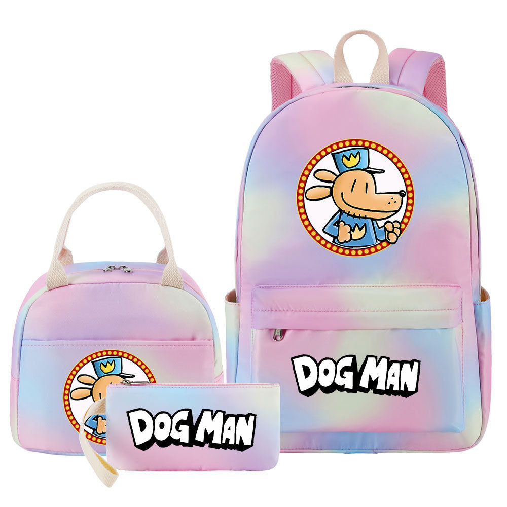 Dog Man Pink Starry Sky SchoolBag Backpack Lunch Box Bag Book Pencil Bags 3pcs Set