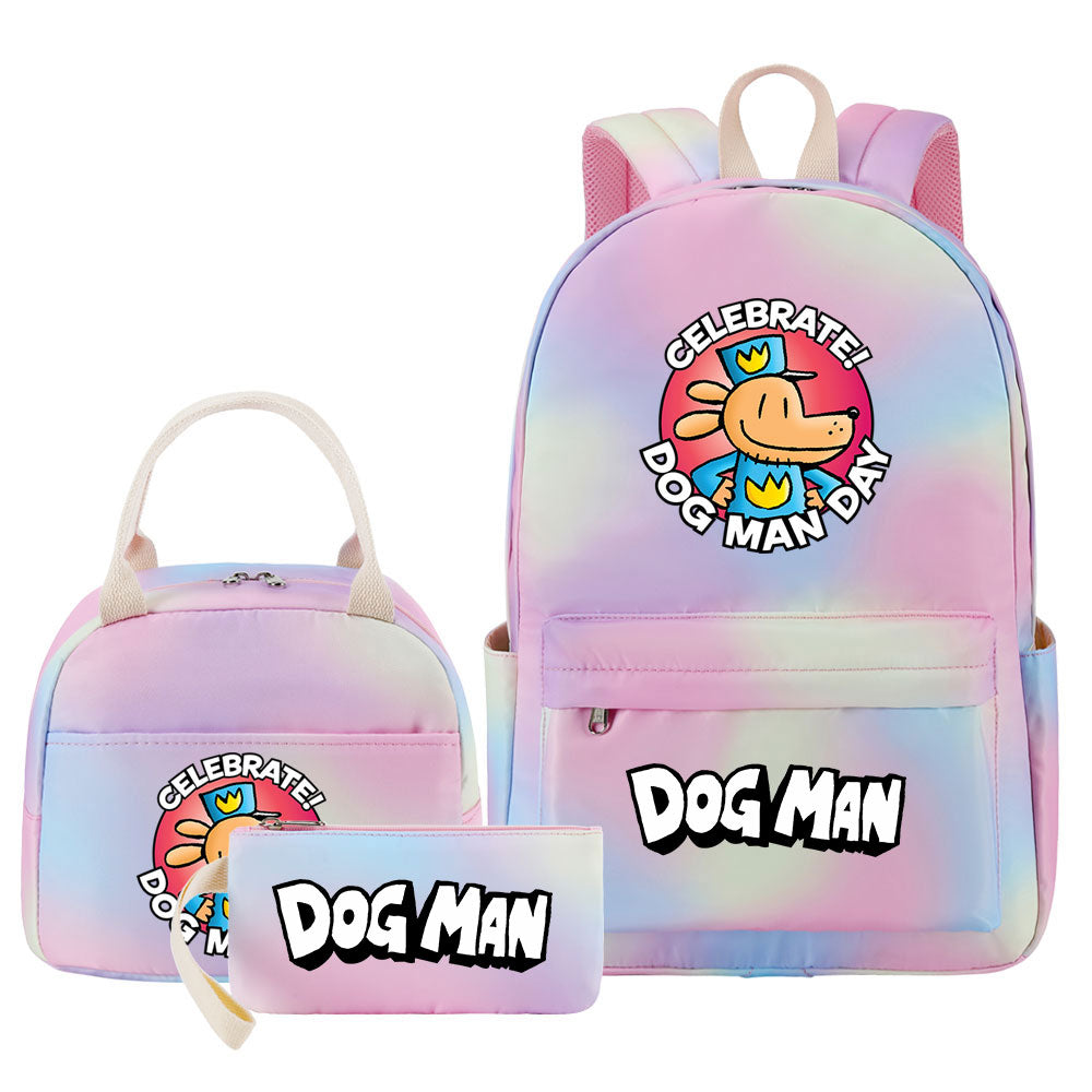 Dog Man Pink Starry Sky SchoolBag Backpack Lunch Box Bag Book Pencil Bags 3pcs Set