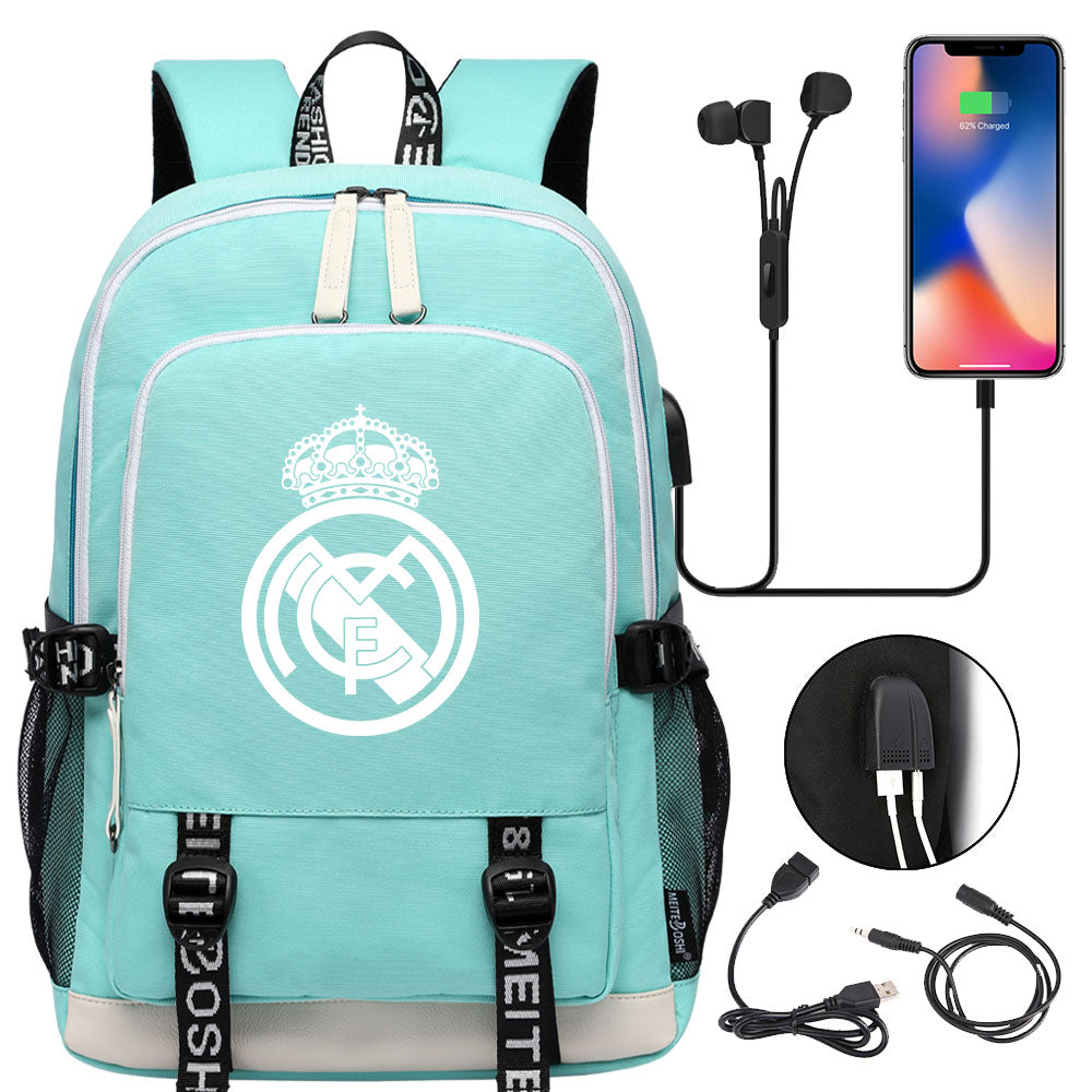 Real Madrid Football Club USB Charging Backpack School Note Book Laptop Travel Bags
