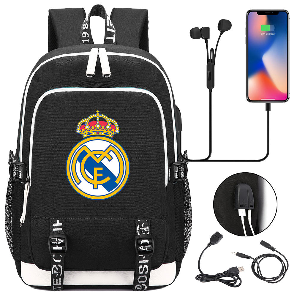 Real Madrid Football Club USB Charging Backpack School Note Book Laptop Travel Bags