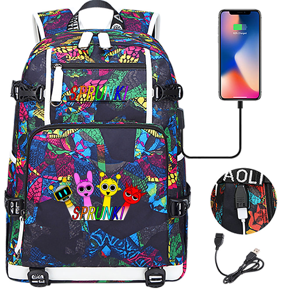 Sprunki USB Charging Backpack School NoteBook Laptop Travel Bags