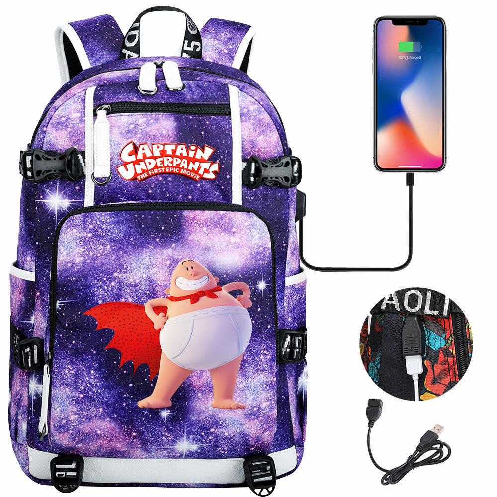Captain Underpants USB Charging Backpack School NoteBook Laptop Travel Bags