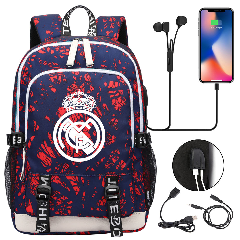 Real Madrid Football Club USB Charging Backpack School Note Book Laptop Travel Bags