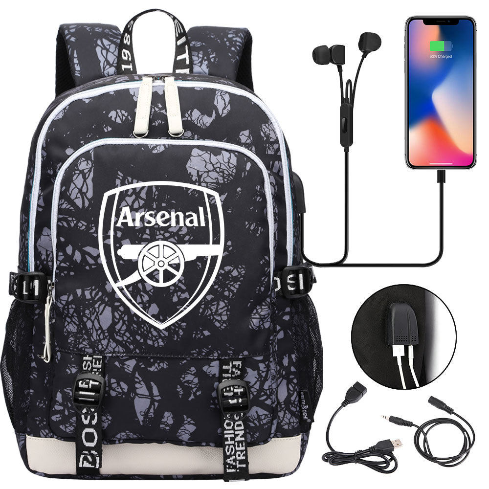 Arsenal Football Club USB Charging Backpack School Note Book Laptop Travel Bags