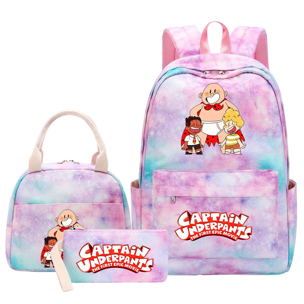 Captain Underpants Pink Starry Sky SchoolBag Backpack Lunch Box Bag Book Pencil Bags 3pcs Set