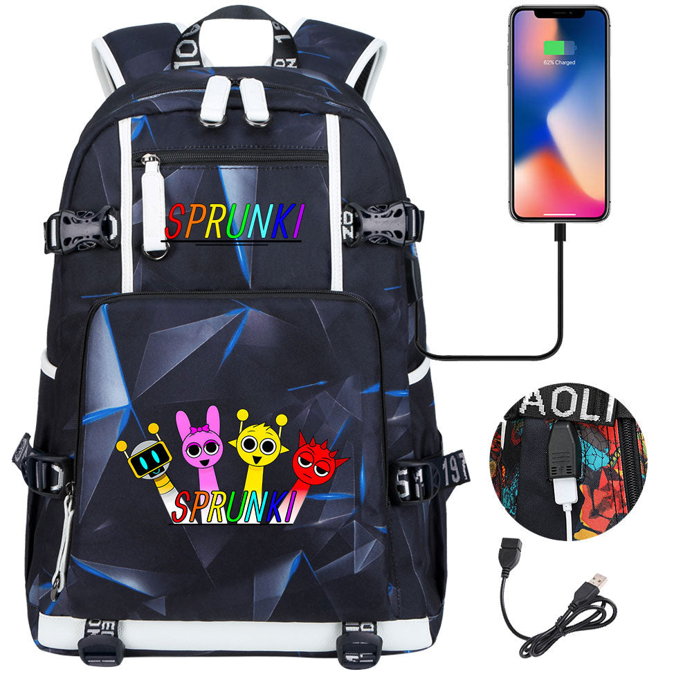 Sprunki USB Charging Backpack School NoteBook Laptop Travel Bags