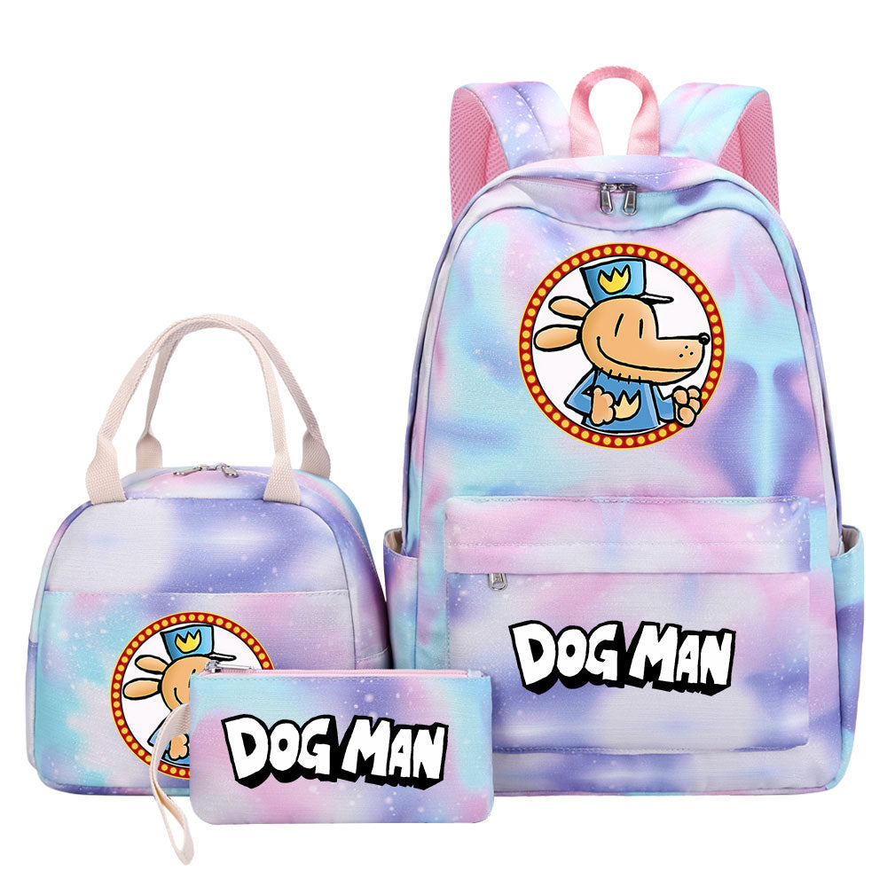 Dog Man Pink Starry Sky SchoolBag Backpack Lunch Box Bag Book Pencil Bags 3pcs Set