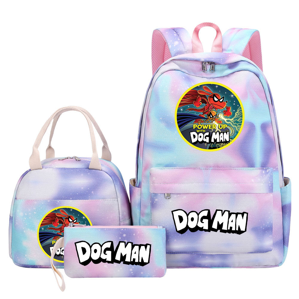Dog Man Pink Starry Sky SchoolBag Backpack Lunch Box Bag Book Pencil Bags 3pcs Set