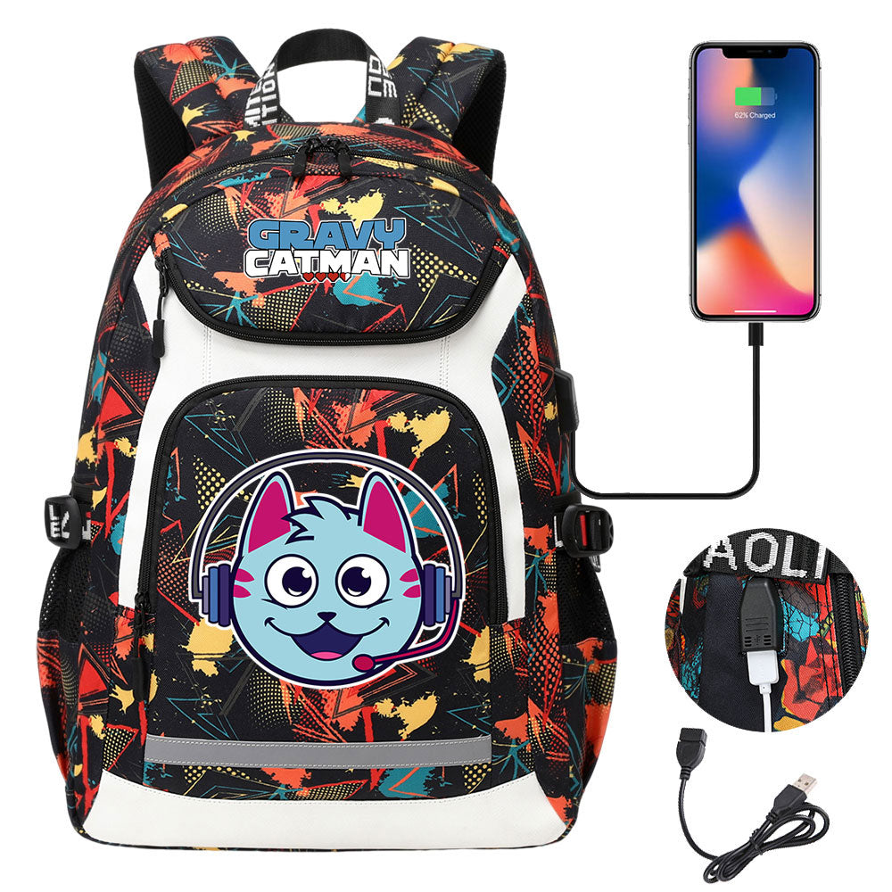 Gravy Cat Man USB Charging Backpack School NoteBook Laptop Travel Bags
