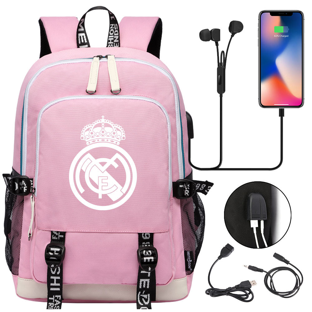 Real Madrid Football Club USB Charging Backpack School Note Book Laptop Travel Bags