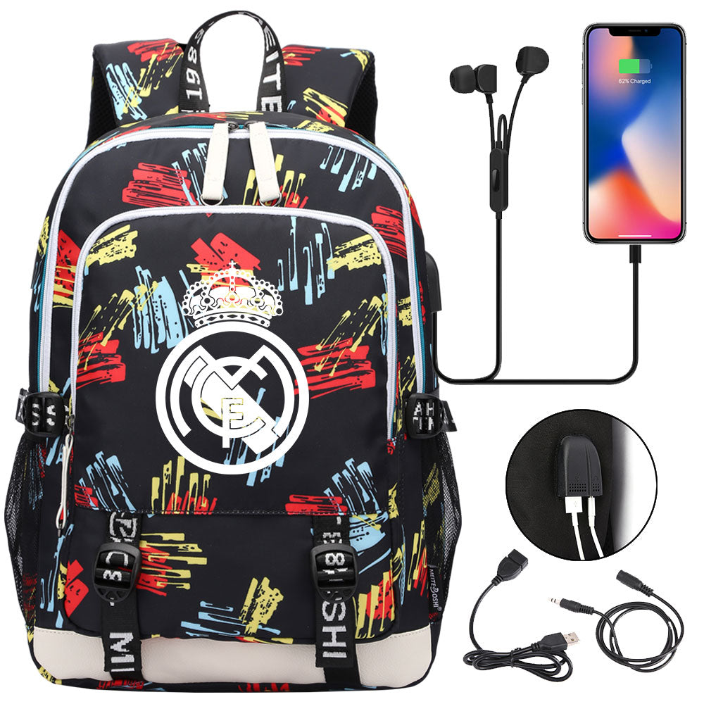 Real Madrid Football Club USB Charging Backpack School Note Book Laptop Travel Bags