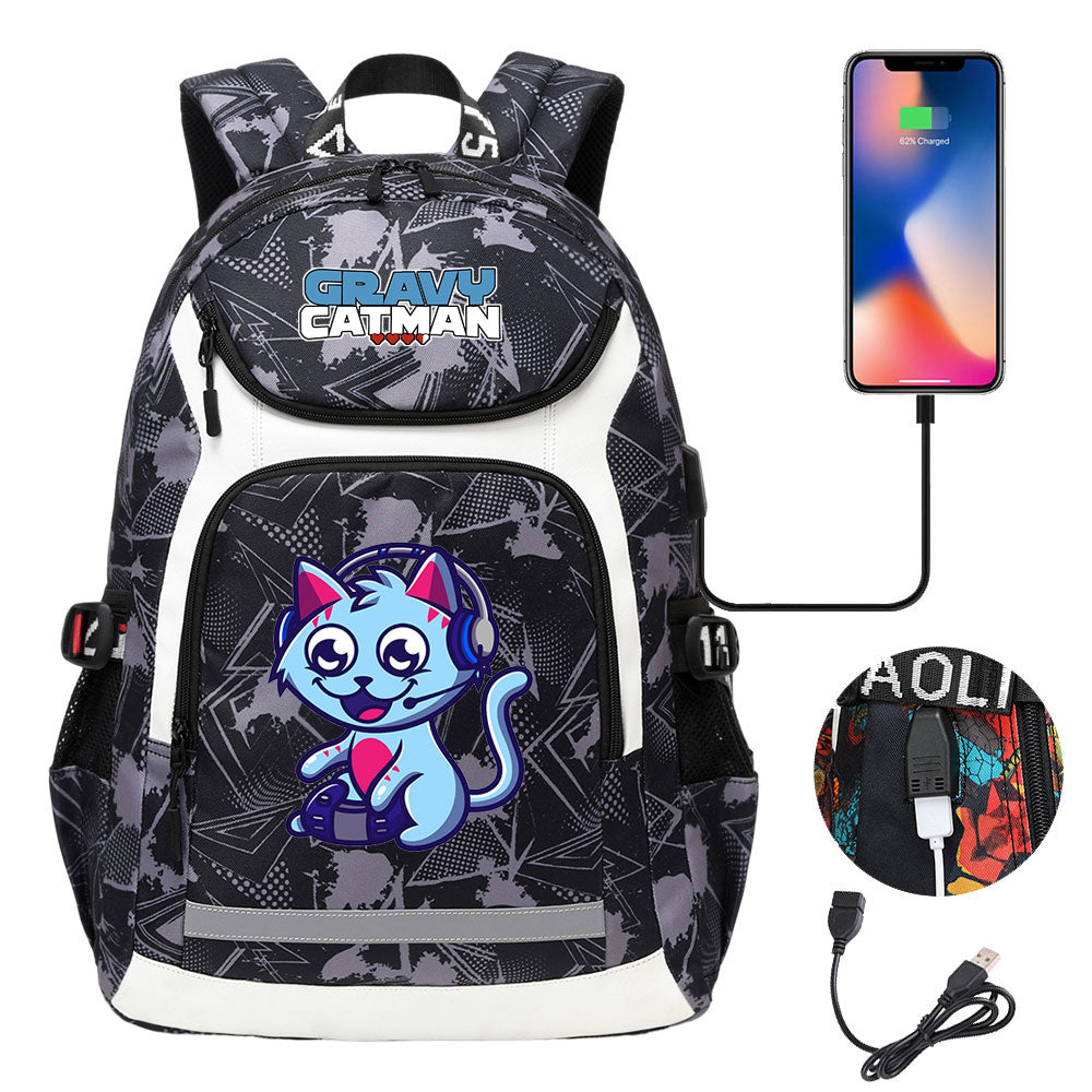 Gravy Cat Man USB Charging Backpack School NoteBook Laptop Travel Bags