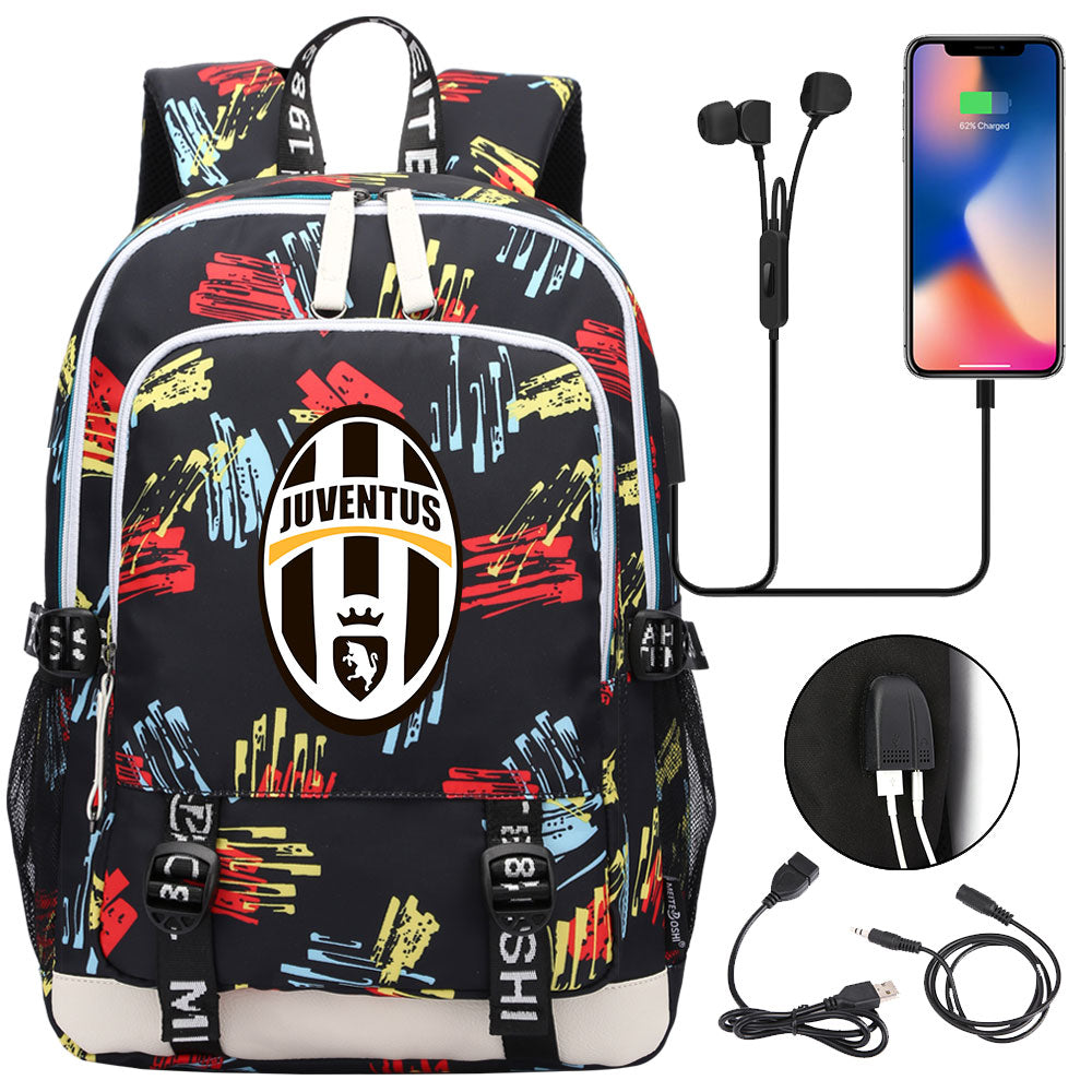 Juventus Football Club USB Charging Backpack School Note Book Laptop Travel Bags