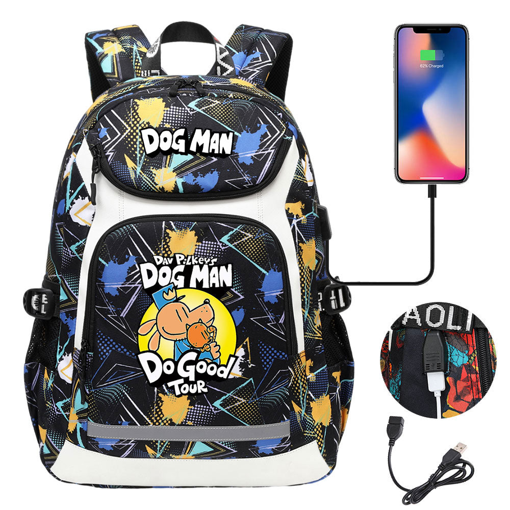 Dog Man USB Charging Backpack School NoteBook Laptop Travel Bags