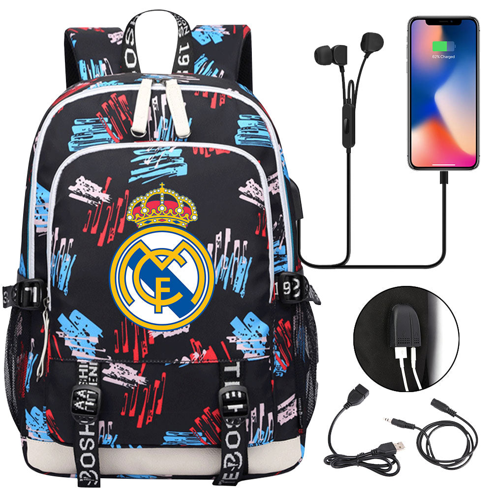 Real Madrid Football Club USB Charging Backpack School Note Book Laptop Travel Bags