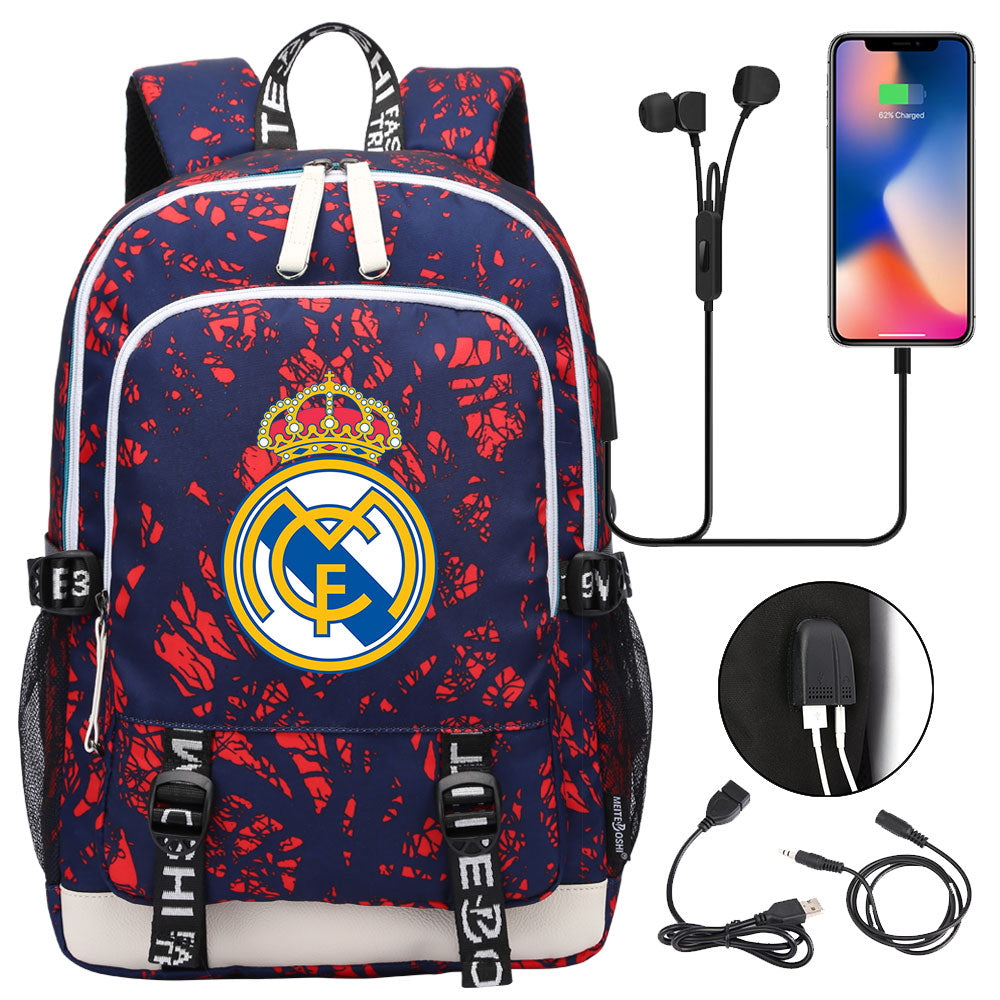 Real Madrid Football Club USB Charging Backpack School Note Book Laptop Travel Bags