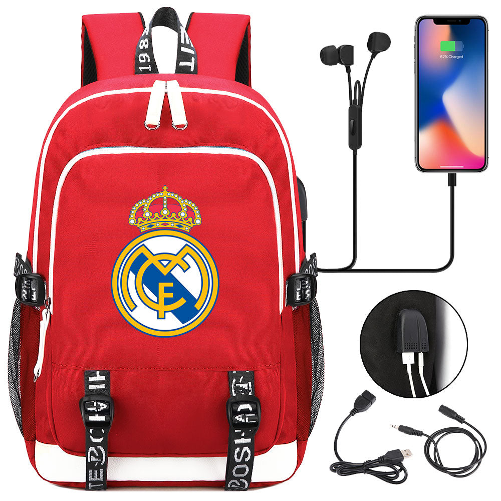 Real Madrid Football Club USB Charging Backpack School Note Book Laptop Travel Bags