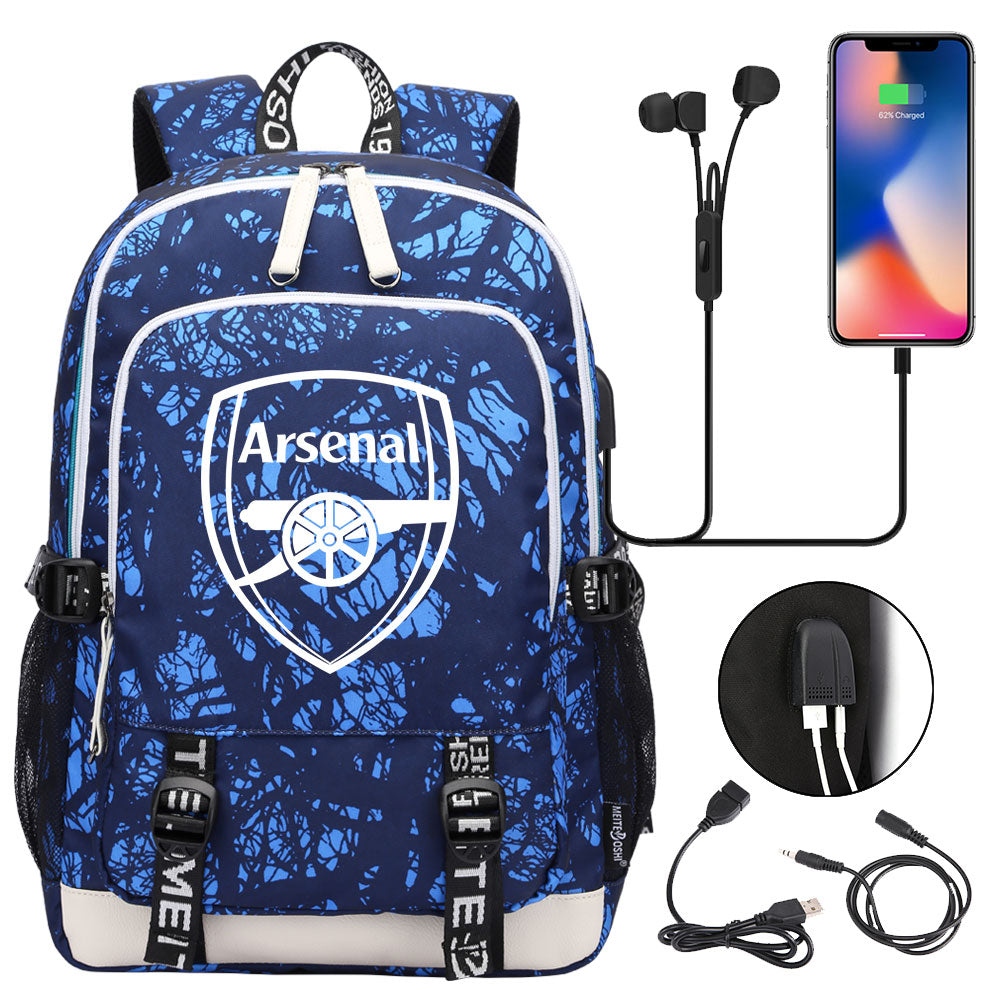 Arsenal Football Club USB Charging Backpack School Note Book Laptop Travel Bags