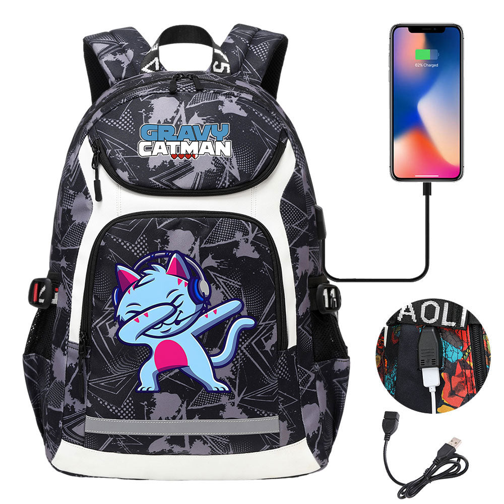 Gravy Cat Man USB Charging Backpack School NoteBook Laptop Travel Bags