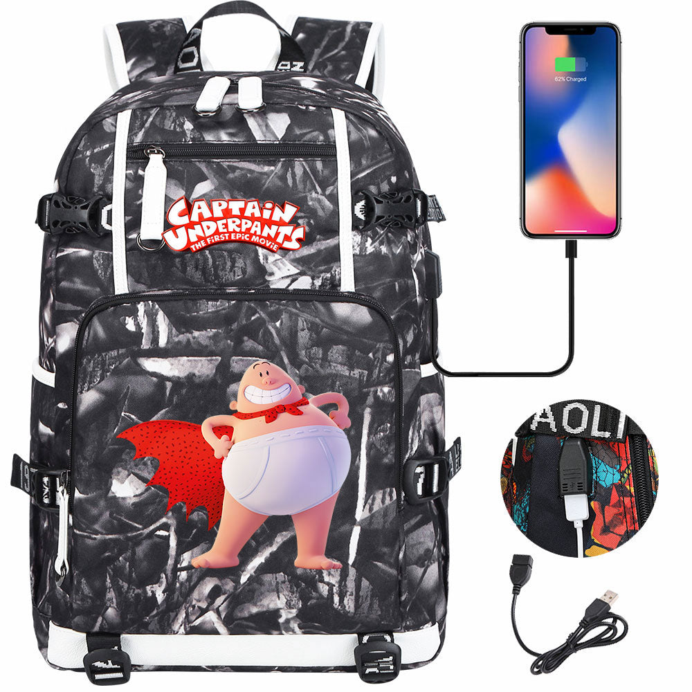 Captain Underpants USB Charging Backpack School NoteBook Laptop Travel Bags