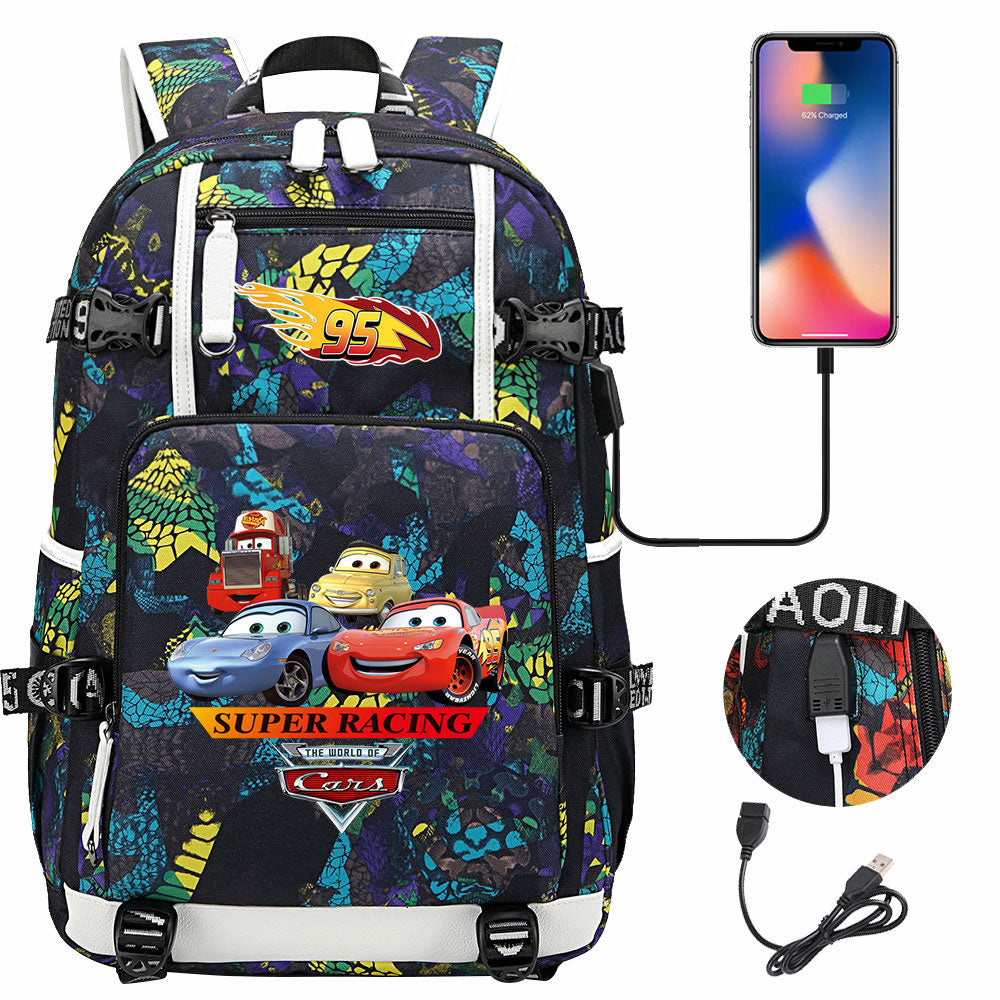 Cars Lightning USB Charging Backpack School NoteBook Laptop Travel Bags