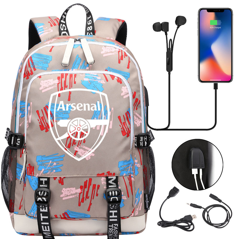 Arsenal Football Club USB Charging Backpack School Note Book Laptop Travel Bags