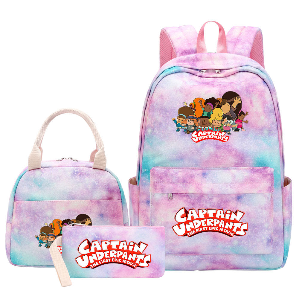 Captain Underpants Pink Starry Sky SchoolBag Backpack Lunch Box Bag Book Pencil Bags 3pcs Set