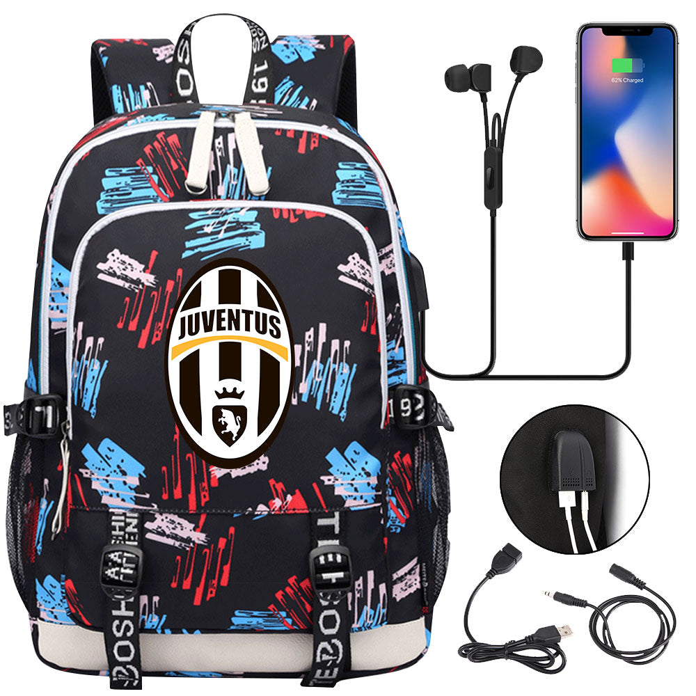 Juventus Football Club USB Charging Backpack School Note Book Laptop Travel Bags