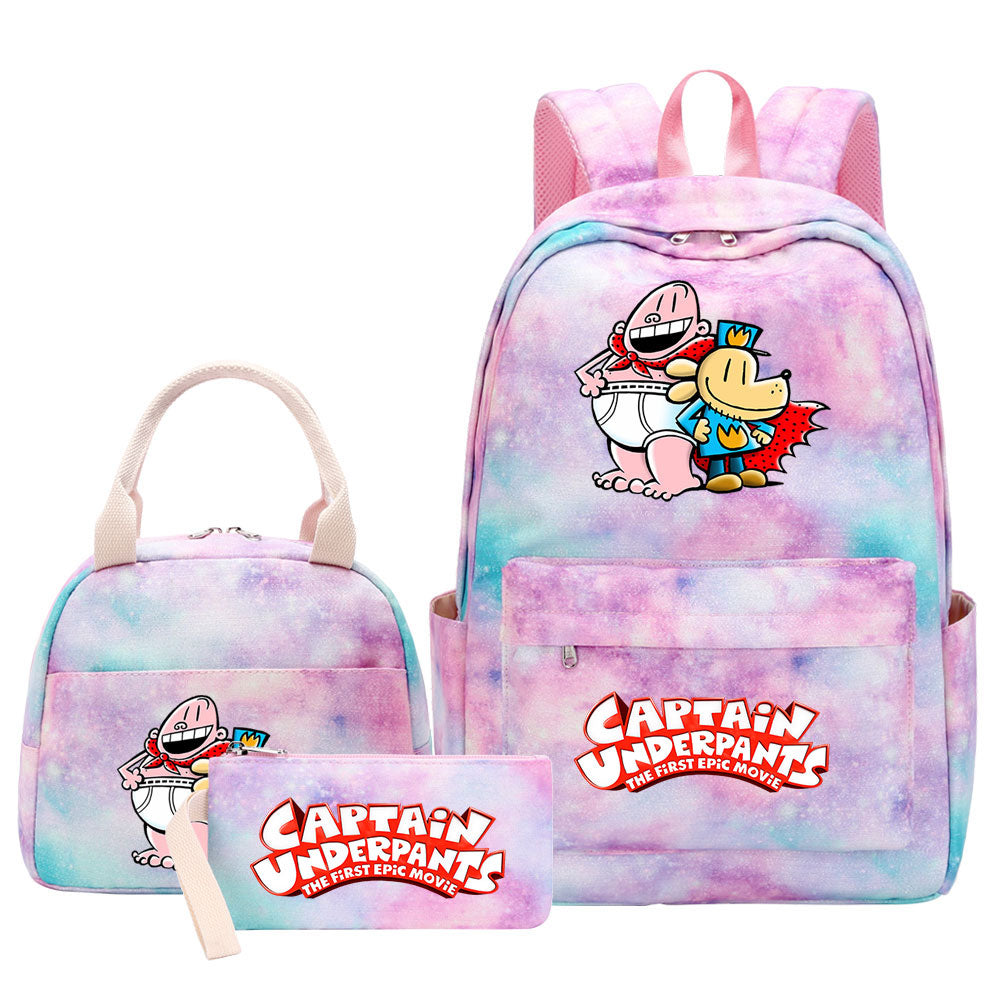 Captain Underpants Pink Starry Sky SchoolBag Backpack Lunch Box Bag Book Pencil Bags 3pcs Set
