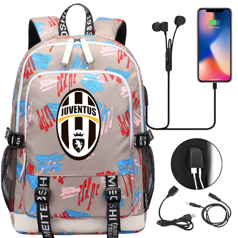 Juventus Football Club USB Charging Backpack School Note Book Laptop Travel Bags