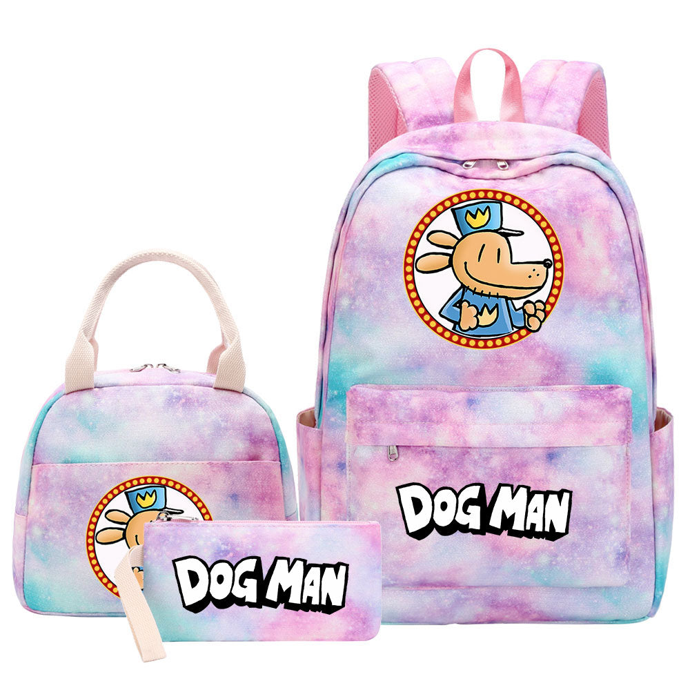 Dog Man Pink Starry Sky SchoolBag Backpack Lunch Box Bag Book Pencil Bags 3pcs Set