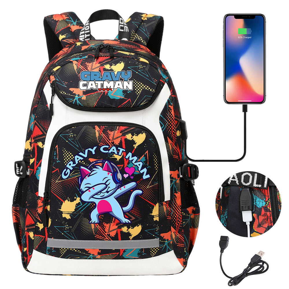 Gravy Cat Man USB Charging Backpack School NoteBook Laptop Travel Bags