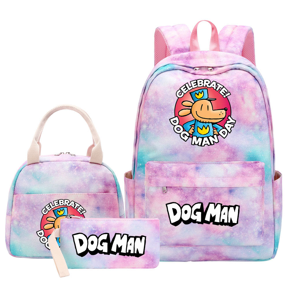 Dog Man Pink Starry Sky SchoolBag Backpack Lunch Box Bag Book Pencil Bags 3pcs Set