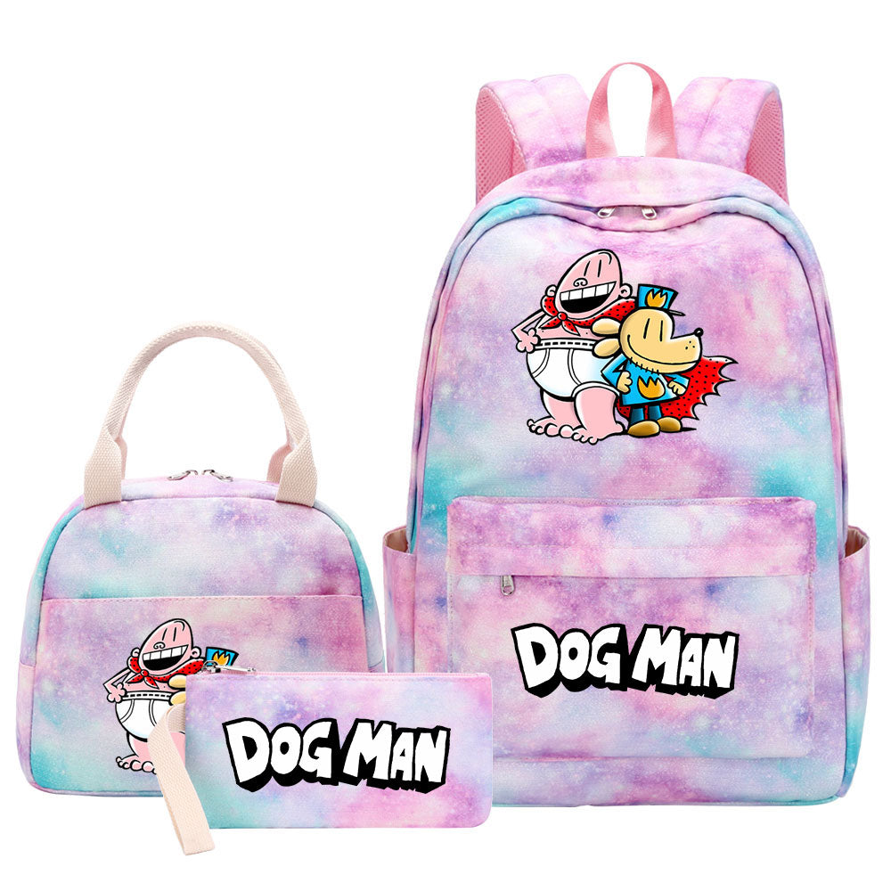 Dog Man Pink Starry Sky SchoolBag Backpack Lunch Box Bag Book Pencil Bags 3pcs Set