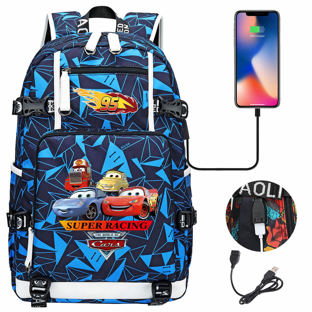 Cars Lightning USB Charging Backpack School NoteBook Laptop Travel Bags