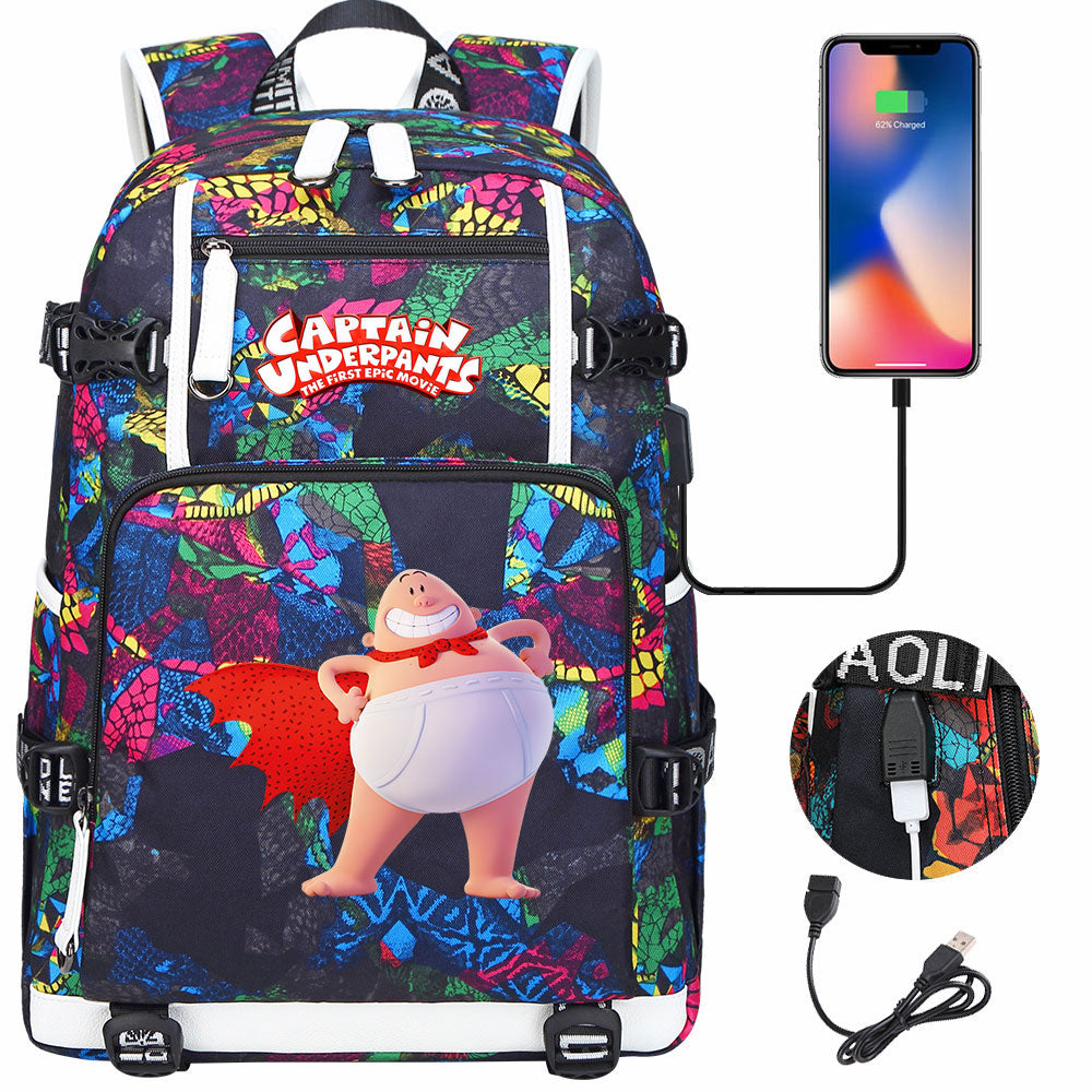 Captain Underpants USB Charging Backpack School NoteBook Laptop Travel Bags