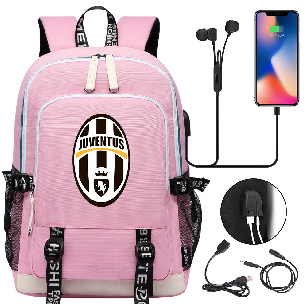 Juventus Football Club USB Charging Backpack School Note Book Laptop Travel Bags