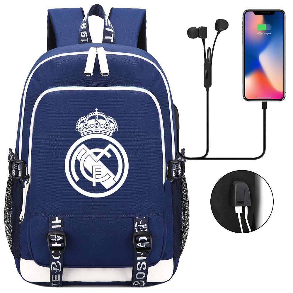 Real Madrid Football Club USB Charging Backpack School Note Book Laptop Travel Bags