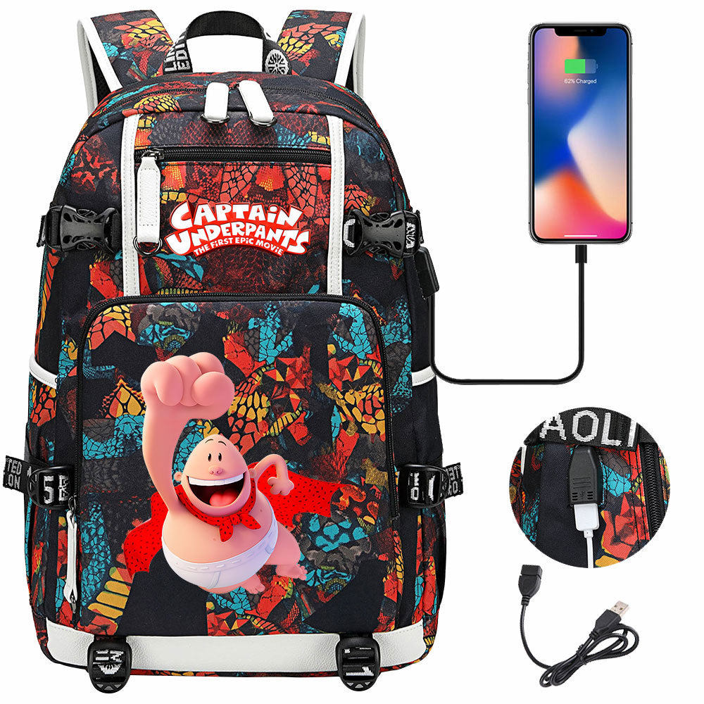 Captain Underpants USB Charging Backpack School NoteBook Laptop Travel Bags