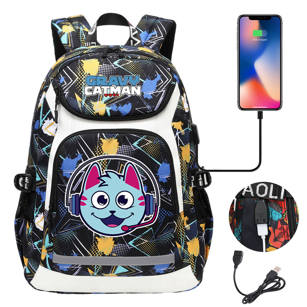 Gravy Cat Man USB Charging Backpack School NoteBook Laptop Travel Bags