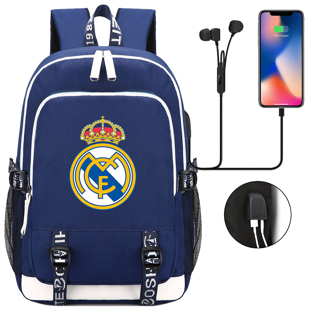 Real Madrid Football Club USB Charging Backpack School Note Book Laptop Travel Bags