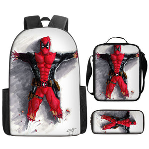 Deadpool Schoolbag Backpack Lunch Bag Pencil Case 3pcs Set Gift for Kids Students
