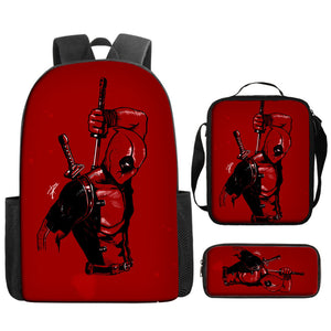 Deadpool Schoolbag Backpack Lunch Bag Pencil Case 3pcs Set Gift for Kids Students