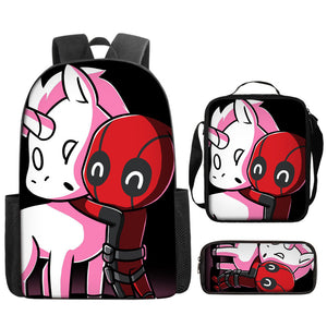 Deadpool Schoolbag Backpack Lunch Bag Pencil Case 3pcs Set Gift for Kids Students