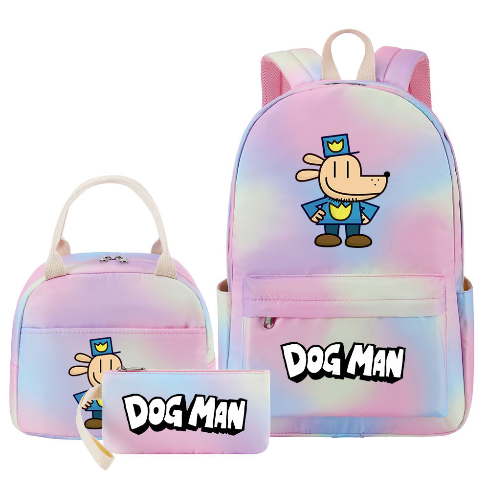 Dog Man Pink Starry Sky SchoolBag Backpack Lunch Box Bag Book Pencil Bags 3pcs Set