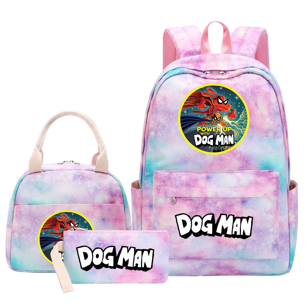 Dog Man Pink Starry Sky SchoolBag Backpack Lunch Box Bag Book Pencil Bags 3pcs Set