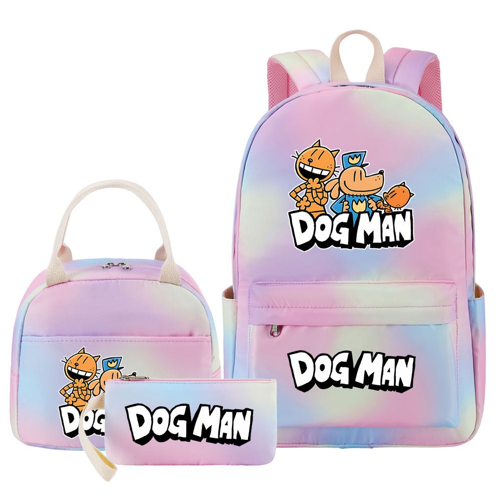 Dog Man Pink Starry Sky SchoolBag Backpack Lunch Box Bag Book Pencil Bags 3pcs Set